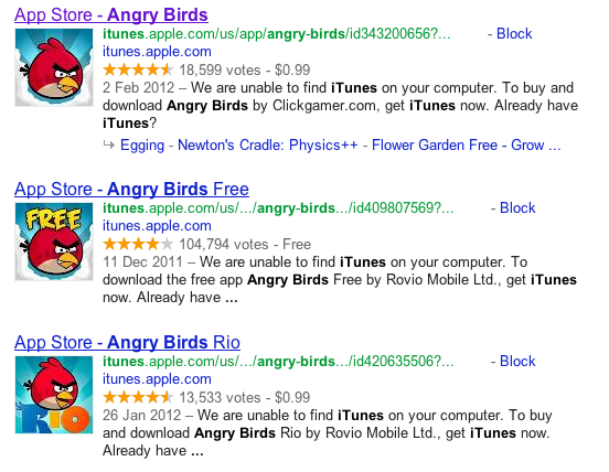 Google Search Engine Results Page for Angry Birds with useless description metadata